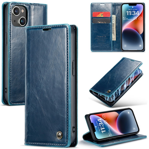iPhone 15 Plus CaseMe 003 Crazy Horse Texture Leather Phone Case - Blue