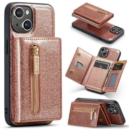 iPhone 15 Plus DG.MING M3 Series Glitter Powder Card Bag Leather Phone Case - Rose Gold