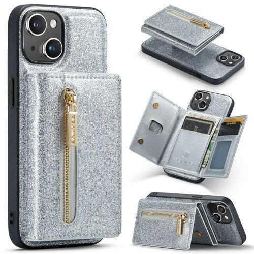 iPhone 15 Plus DG.MING M3 Series Glitter Powder Card Bag Leather Phone Case - Silver