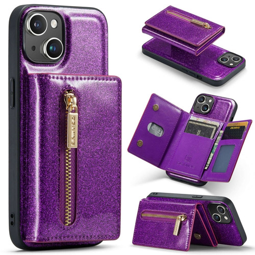 iPhone 15 Plus DG.MING M3 Series Glitter Powder Card Bag Leather Phone Case - Dark Purple