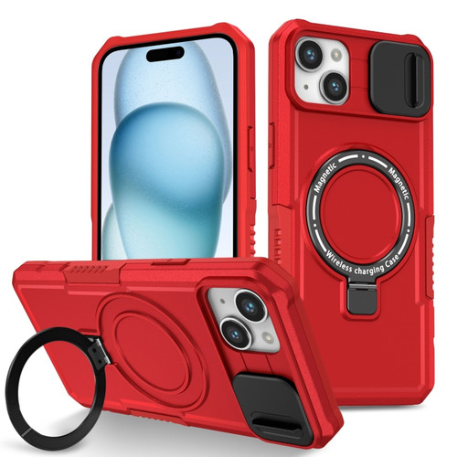 iPhone 15 Plus Sliding Camshield Magsafe Holder TPU Hybrid PC Phone Case - Red