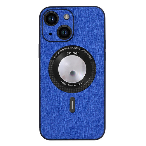 iPhone 15 Plus Cloth Texture MagSafe Magnetic PU Phone Case - Dark Blue