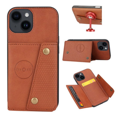 iPhone 15 Plus Double Buckle Card Slots PU+TPU Phone Case - Brown