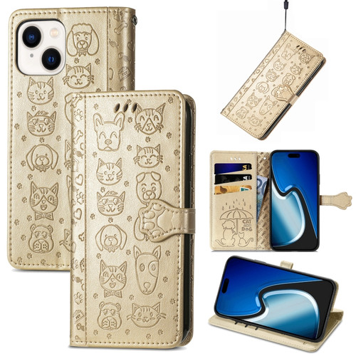 iPhone 15 Plus Cat and Dog Embossed Leather Phone Case - Gold