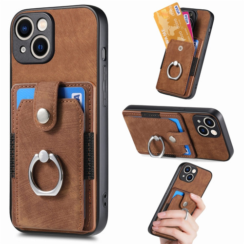 iPhone 15 Plus Retro Skin-feel Ring Card Wallet Phone Case - Brown