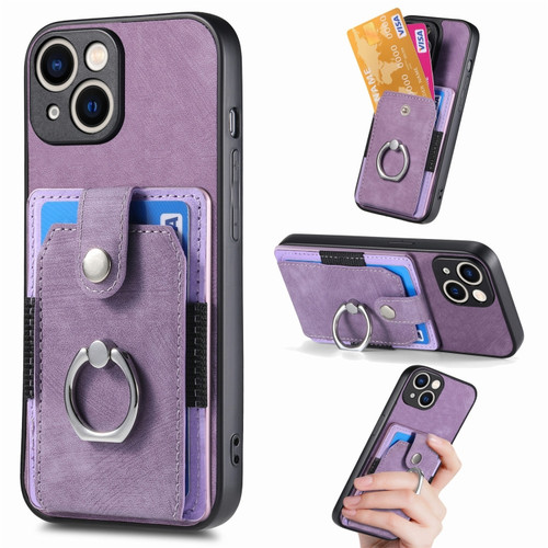 iPhone 15 Plus Retro Skin-feel Ring Card Wallet Phone Case - Purple