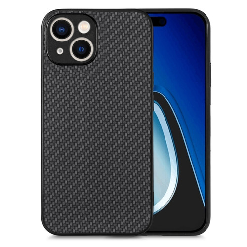 iPhone 15 Plus Carbon Fiber Texture Leather Back Phone Case - Black