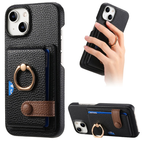 iPhone 15 Plus Litchi Leather Oil Edge Ring Card Back Phone Case - Black