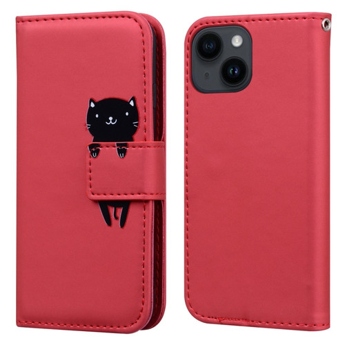 iPhone 14 Cartoon Buckle Horizontal Flip Leather Phone Case - Red