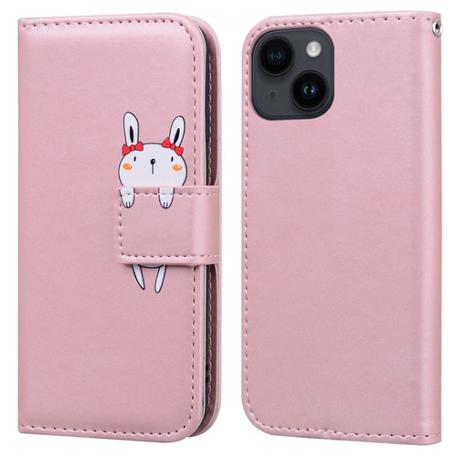 iPhone 14 Cartoon Buckle Horizontal Flip Leather Phone Case - Pink