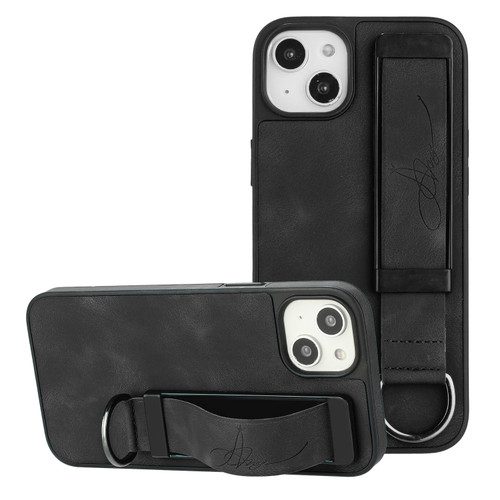 iPhone 14 Wristband Holder Leather Back Phone Case - Black