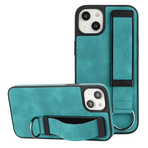 iPhone 14 Wristband Holder Leather Back Phone Case - Green