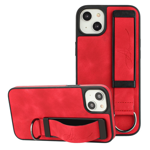 iPhone 14 Wristband Holder Leather Back Phone Case - Red