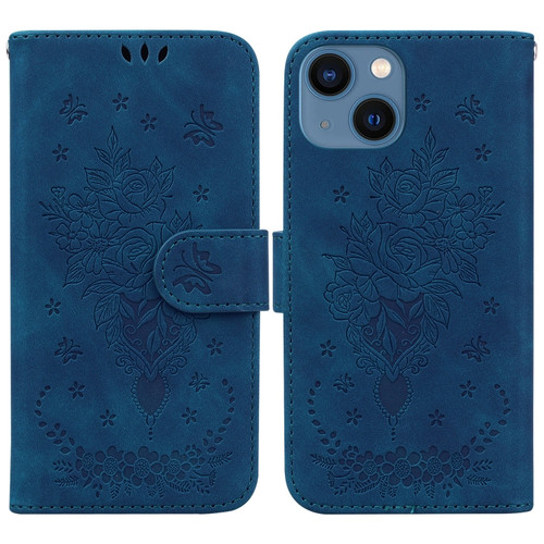 iPhone 14 Butterfly Rose Embossed Leather Phone Case - Blue