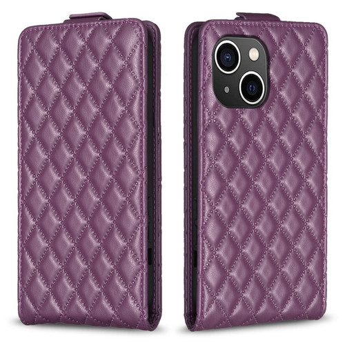iPhone 14 Diamond Lattice Vertical Flip Leather Phone Case - Dark Purple