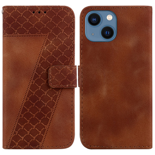 iPhone 14 7-shaped Embossed Leather Phone Case - Brown