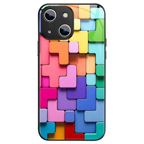 iPhone 14 Colorful Toy Bricks Pattern Shockproof Glass Phone Case - Black