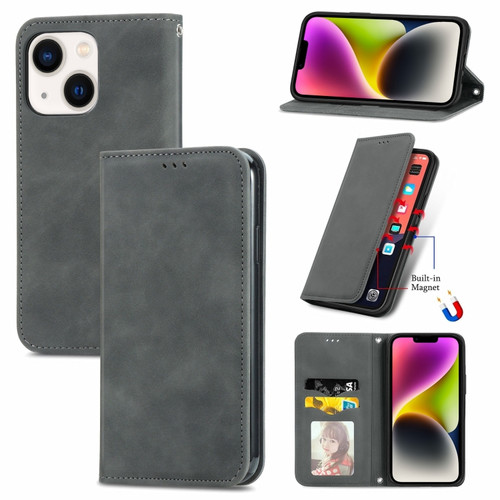 iPhone 14 Retro Skin Feel Magnetic Flip Leather Phone Case - Gray