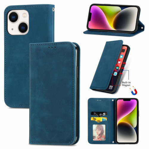 iPhone 14 Retro Skin Feel Magnetic Flip Leather Phone Case - Blue