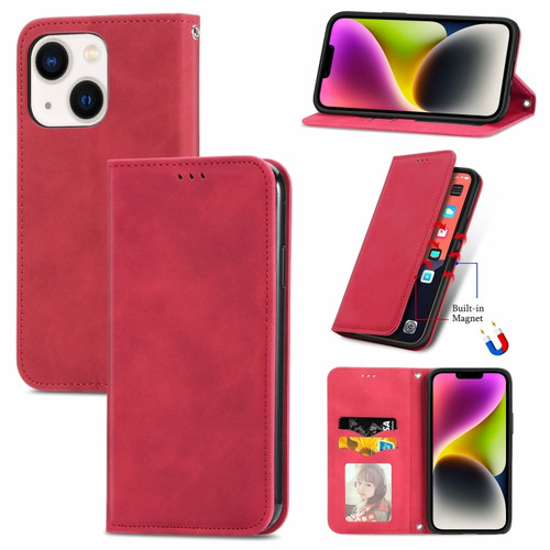iPhone 14 Retro Skin Feel Magnetic Flip Leather Phone Case - Red