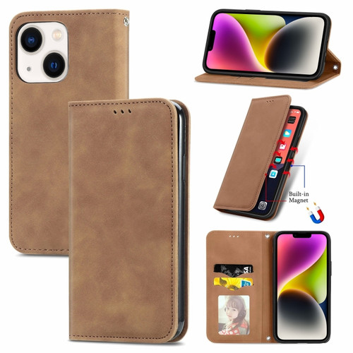 iPhone 14 Retro Skin Feel Magnetic Flip Leather Phone Case - Brown