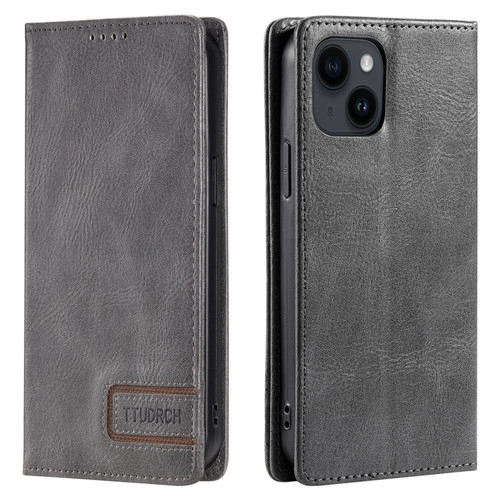 iPhone 14 / 13 TTUDRCH RFID Retro Texture Magnetic Leather Phone Case - Grey