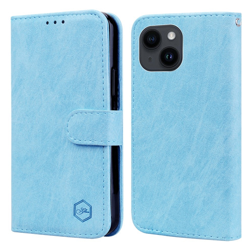 iPhone 14 Skin Feeling Oil Leather Texture PU + TPU Phone Case - Light Blue