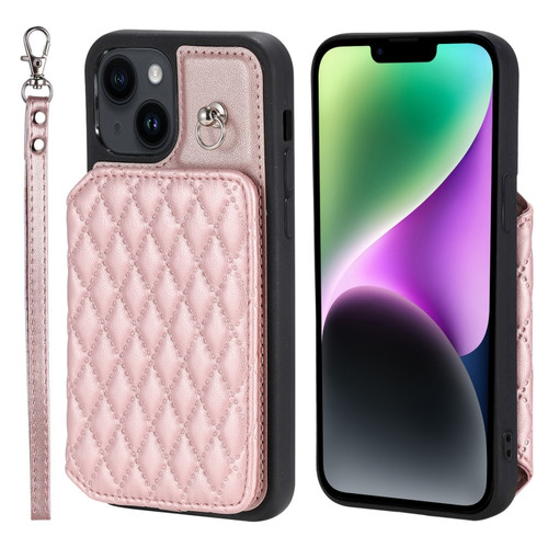 iPhone 14 Grid Texture Card Bag Phone Case with Lanyard - Rose Gold