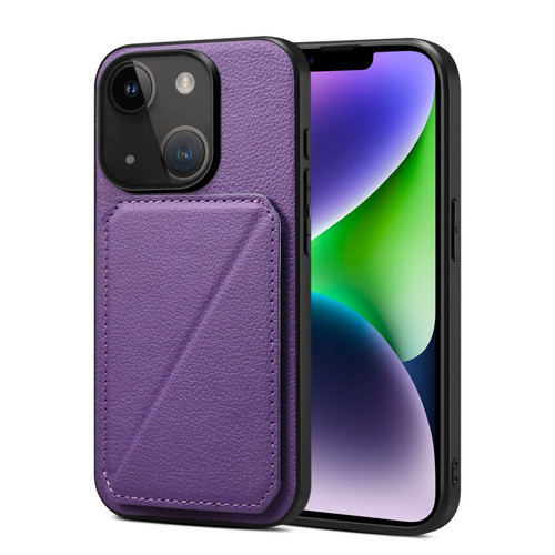 iPhone 14 Imitation Calfskin Leather Back Phone Case with Holder - Purple