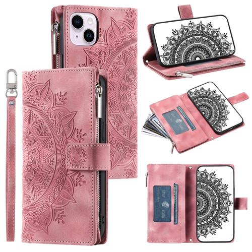 iPhone 14 Multi-Card Totem Zipper Leather Phone Case - Pink