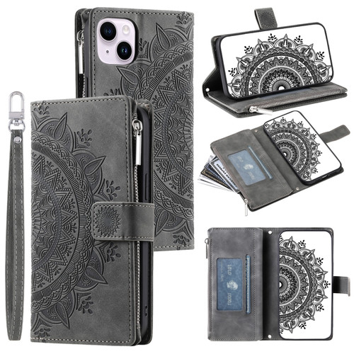 iPhone 14 Multi-Card Totem Zipper Leather Phone Case - Grey