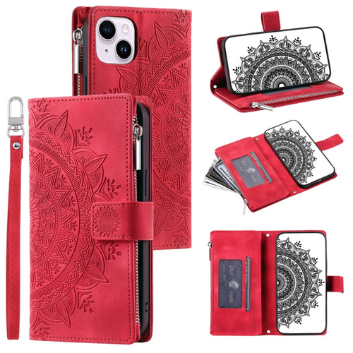 iPhone 14 Multi-Card Totem Zipper Leather Phone Case - Red