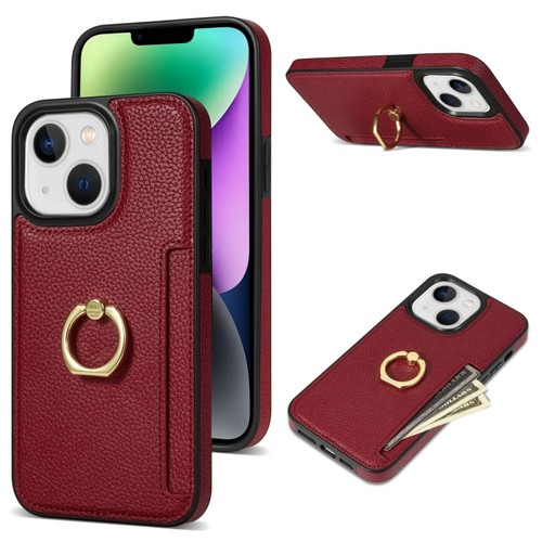 iPhone 14 Ring Card Litchi Leather Back Phone Case - Red