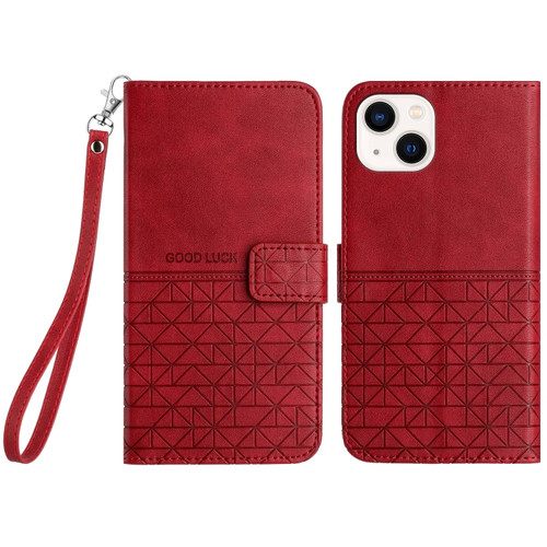 iPhone 14 / 13 Rhombic Texture Leather Phone Case with Lanyard - Red