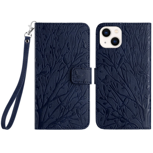 iPhone 14 Tree Birds Embossed Pattern Leather Phone Case - Blue