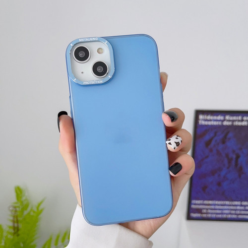 iPhone 14 Frosted Metal Lens Frame PC Phone Case - Blue