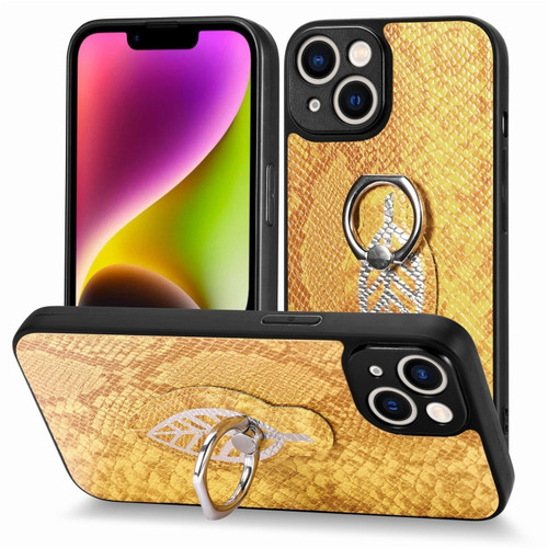 iPhone 14 Snakeskin Leather Back Cover Ring Phone Case - Yellow