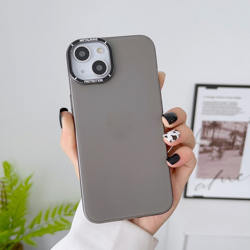 iPhone 14 Frosted Metal Lens Frame PC Phone Case - Grey