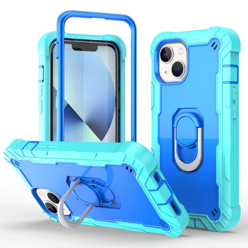 iPhone 14 Two-color Ring Holder Phone Case - Mint Green + Blue