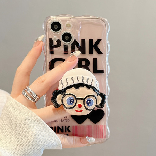 iPhone 14 Cartoon Glasses Girl Holder Phone Case - Pink