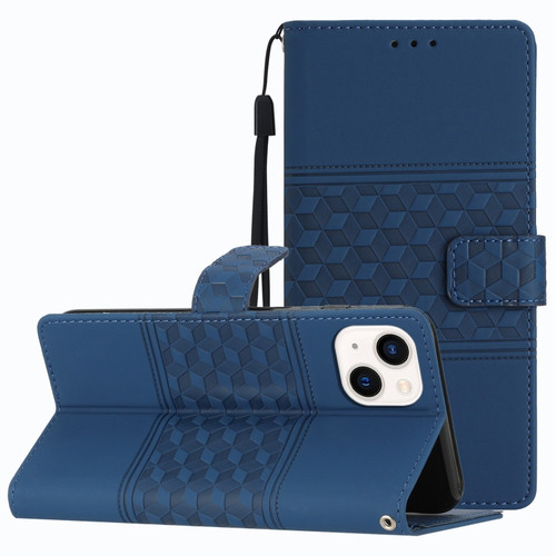 iPhone 14 Diamond Embossed Skin Feel Leather Phone Case with Lanyard - Dark Blue