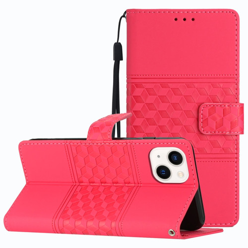 iPhone 14 Diamond Embossed Skin Feel Leather Phone Case with Lanyard - Red