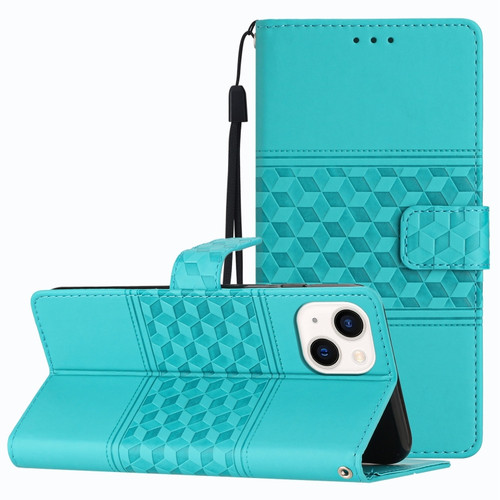 iPhone 14 Diamond Embossed Skin Feel Leather Phone Case with Lanyard - Blue