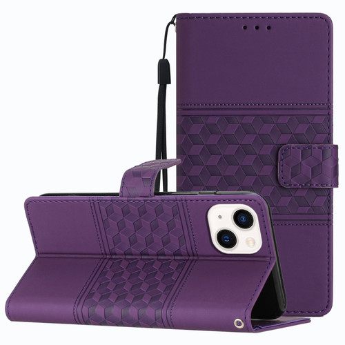 iPhone 14 Diamond Embossed Skin Feel Leather Phone Case with Lanyard - Purple