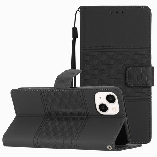 iPhone 14 Diamond Embossed Skin Feel Leather Phone Case with Lanyard - Black