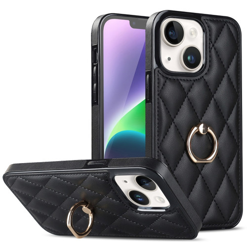 iPhone 14 Rhombic PU Leather Phone Case with Ring Holder - Black