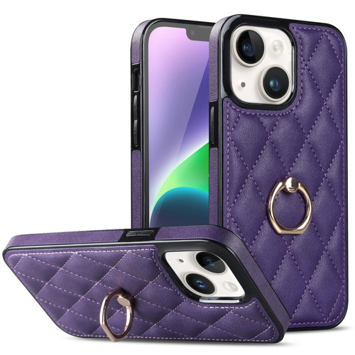 iPhone 14 Rhombic PU Leather Phone Case with Ring Holder - Purple