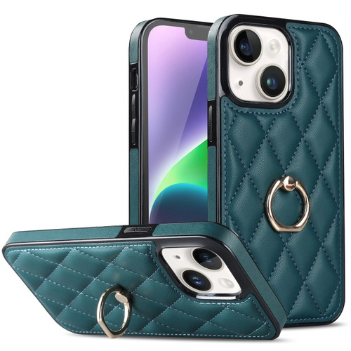 iPhone 14 Rhombic PU Leather Phone Case with Ring Holder - Green