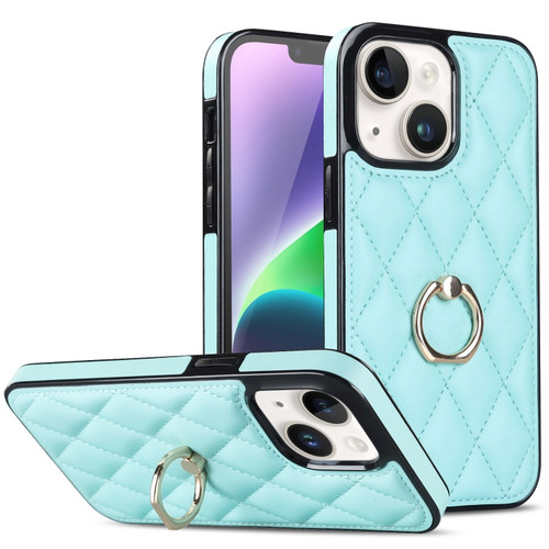 iPhone 14 Rhombic PU Leather Phone Case with Ring Holder - Blue