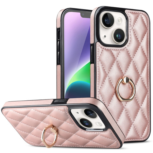 iPhone 14 Rhombic PU Leather Phone Case with Ring Holder - Rose Gold